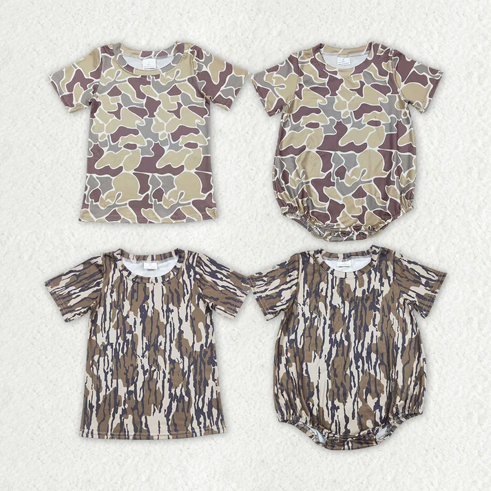 RTS NO MOQ Sibling Baby boy girl clothes camouflage short Sleeve top and Romper Mixed Sizes