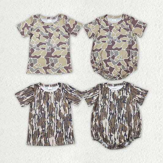 RTS NO MOQ Sibling Baby boy girl clothes camouflage short Sleeve top and Romper Mixed Sizes