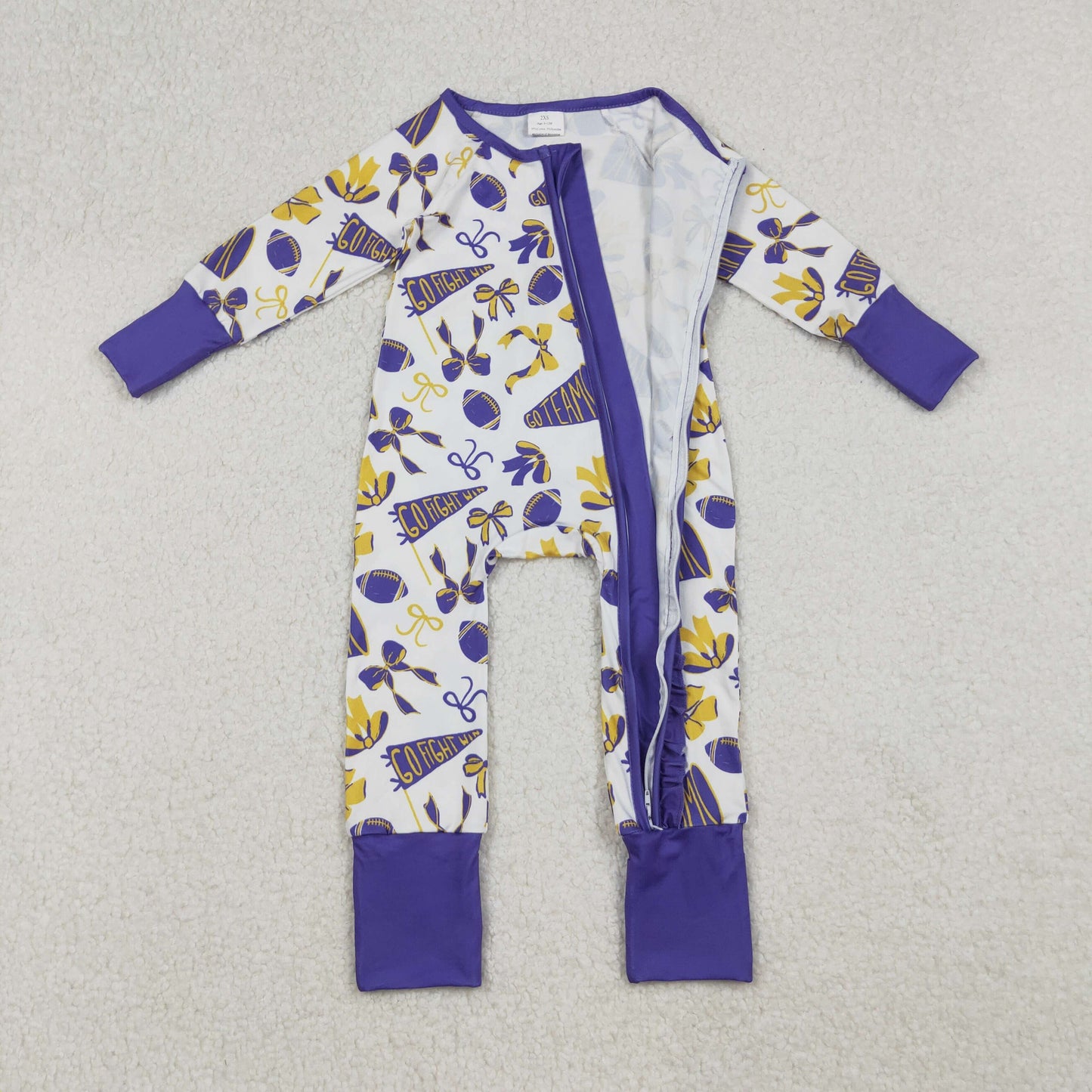 RTS NO MOQ（In Stock) LR2513 Football Horn Bow Pattern Purple Lace Zipper Long-Sleeved Bodysuit