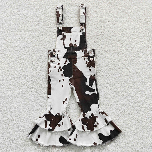 Best Sell RTS Baby Girls Cowhide Print Bib Bell Overall Jumpsuits Cute Baby Girl Soft Cotton Romper with Bell Sleeves