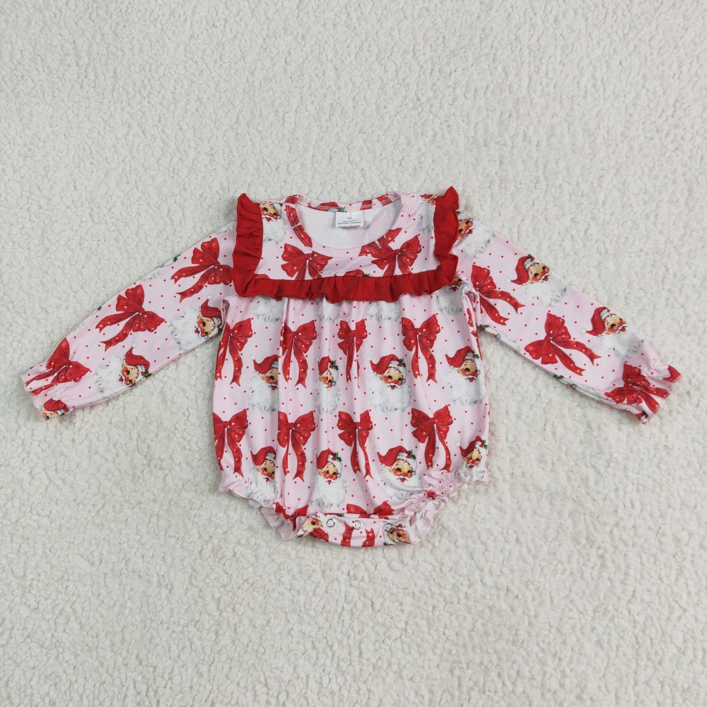 RTS NO MOQ LR2210 Santa Claus red bow pattern lace long-sleeved jumpsuit