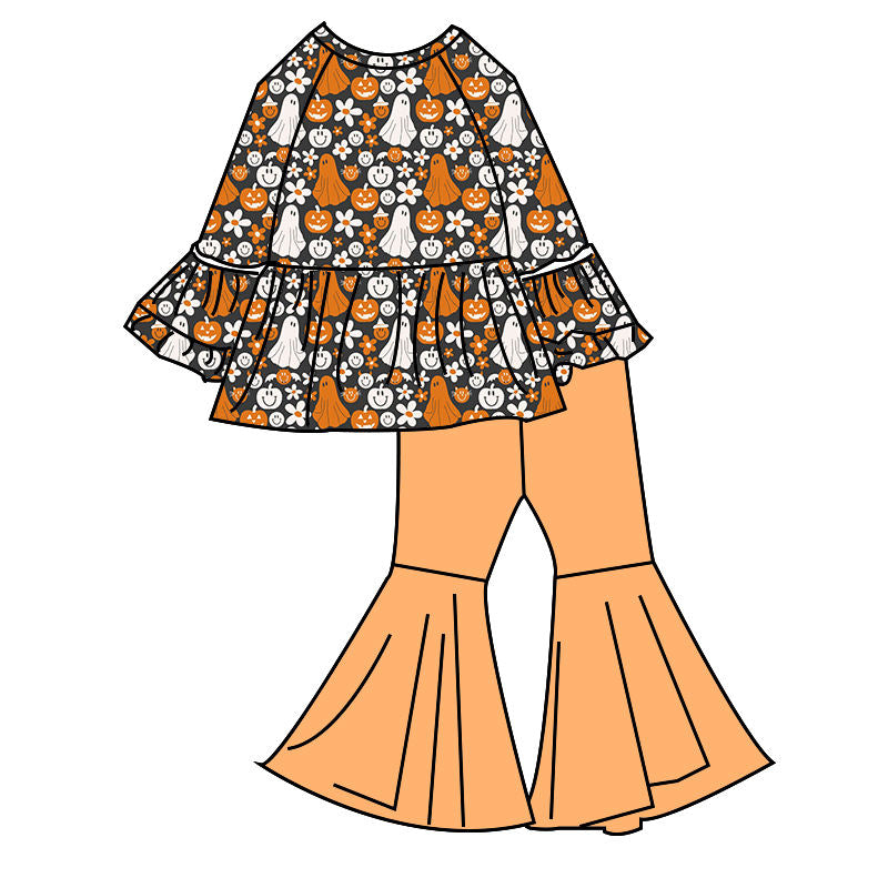 Custom moq 5 mix size milk silk summer baby girl clothes ghost floral long sleeve pants sets-25.8.15
