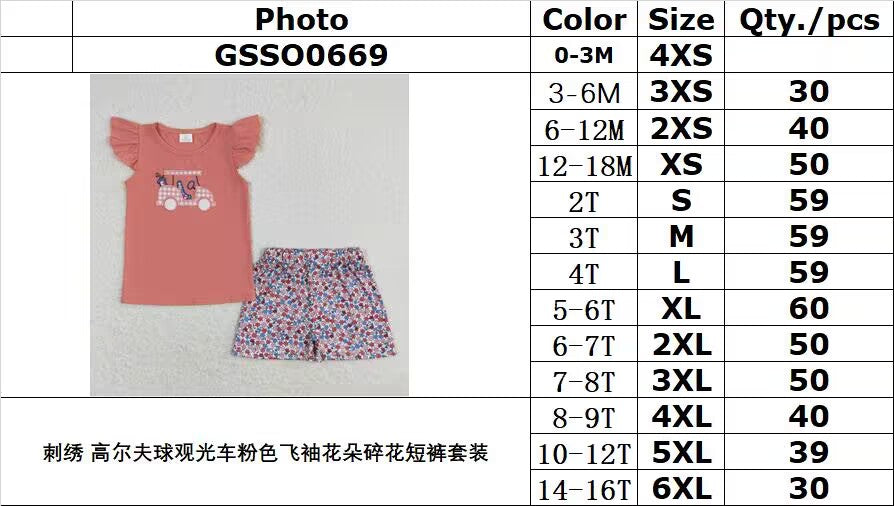 rts no moq GSSO0669 Embroidery Golf Sightseeing Car Pink Flying Sleeve Flower Floral Shorts Suit