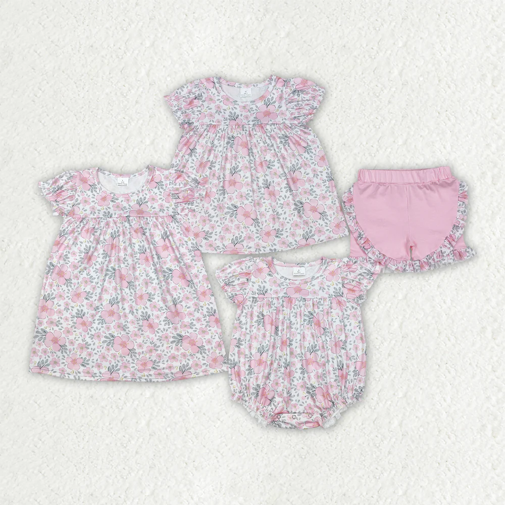 RTS NO MOQ baby girl clothes floral short-sleeved shorts sets and romper dress