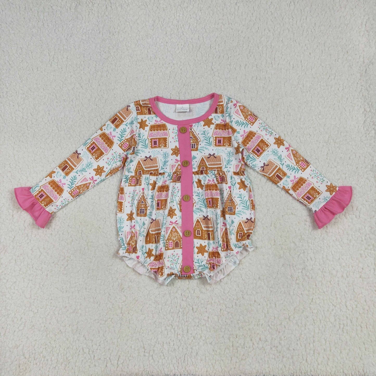 RTS NO MOQ（In Stock ) LR2282 Christmas Cookie House Rose Red Lace Button Long Sleeve Jumpsuit