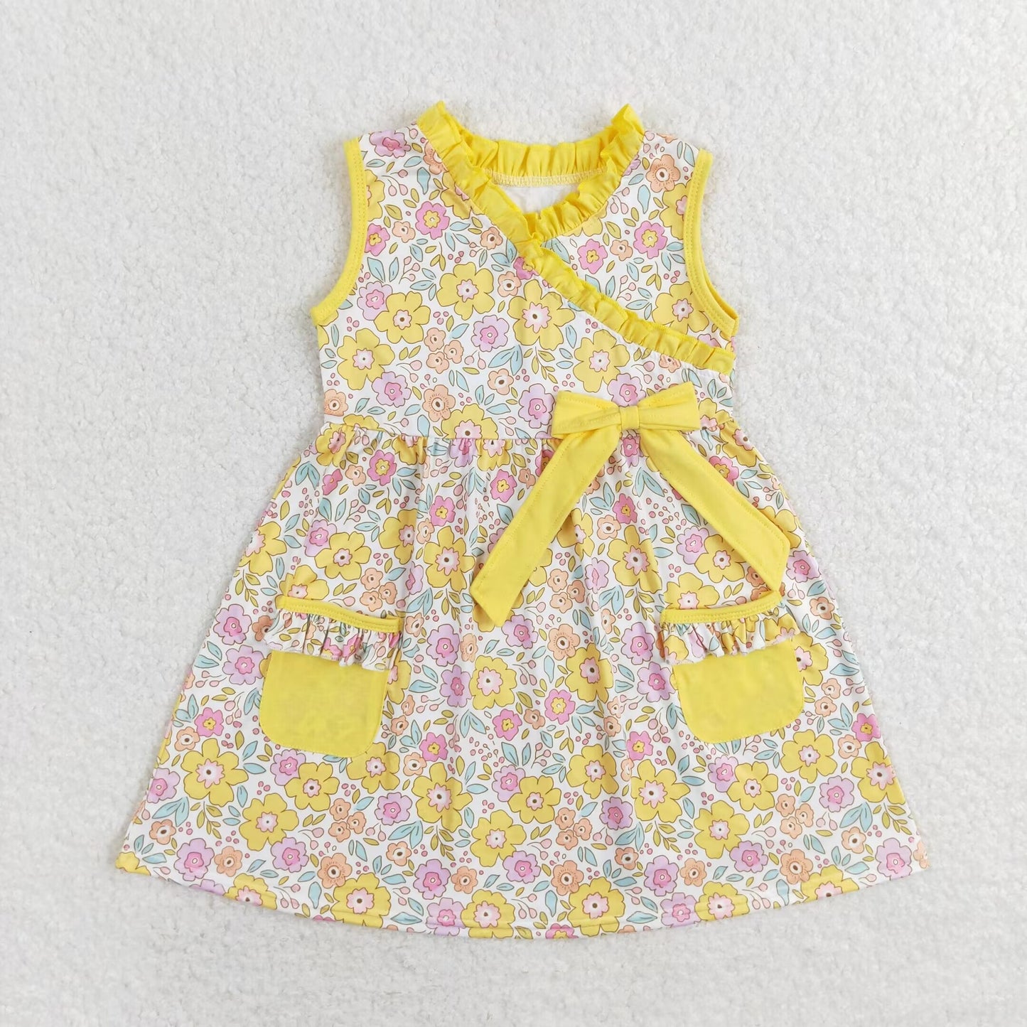 RTS no moq GSD1216 Flower floral yellow lace pocket bow sleeveless dress