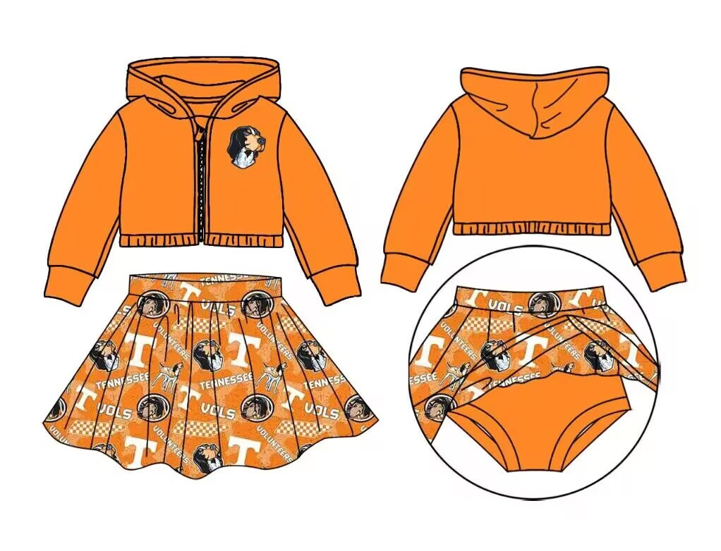 custom moq 3 eta 6-7weeks team summer baby girls clothes orange hooded with skirts sets