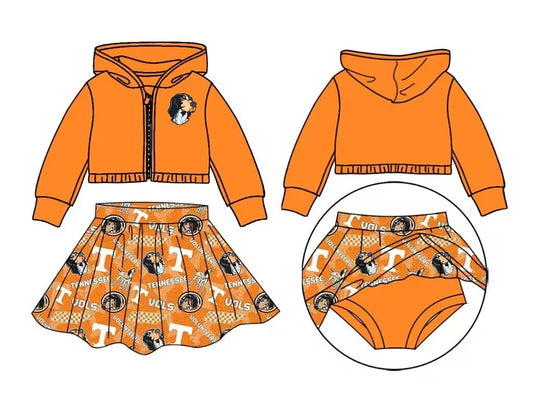 custom moq 3 eta 6-7weeks team summer baby girls clothes orange hooded with skirts sets