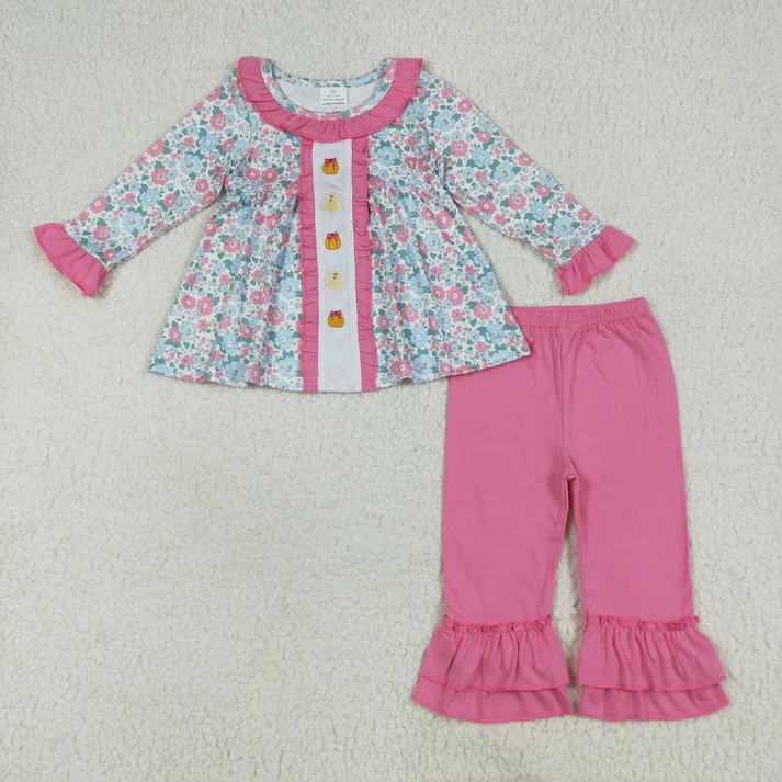 RTS NO MOQ Sibling Baby girl clothes Embroidery turkey pumpkin long-sleeved trousers suits