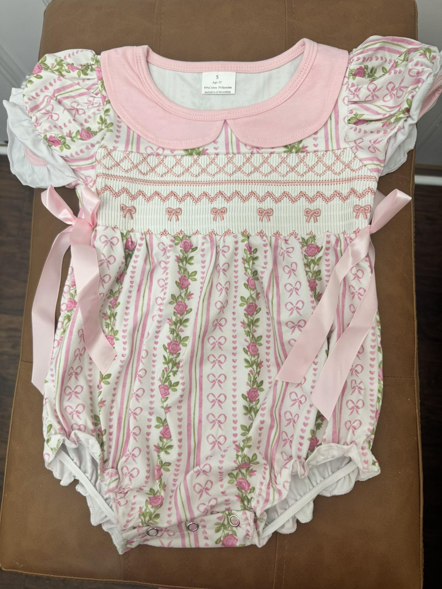 RTS NO MOQ SR2994 Embroidered bow pattern flower pink doll collar short-sleeved jumpsuit