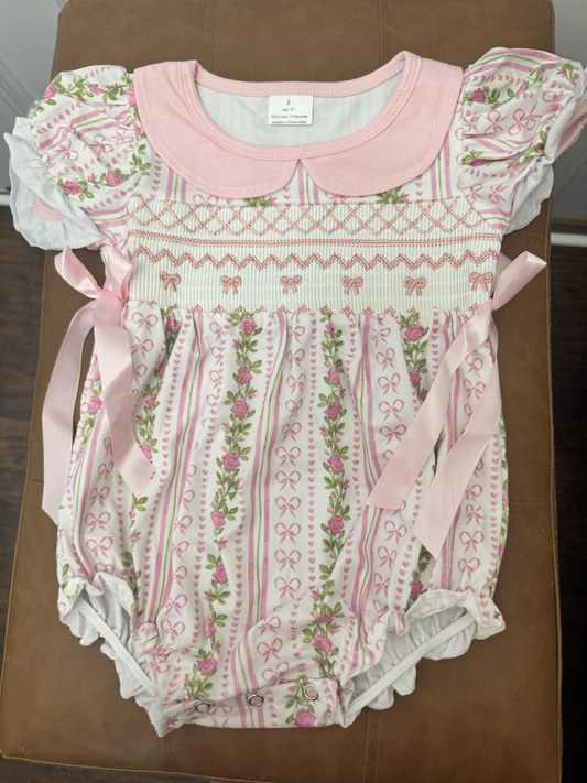 RTS NO MOQ SR2994 Embroidered bow pattern flower pink doll collar short-sleeved jumpsuit