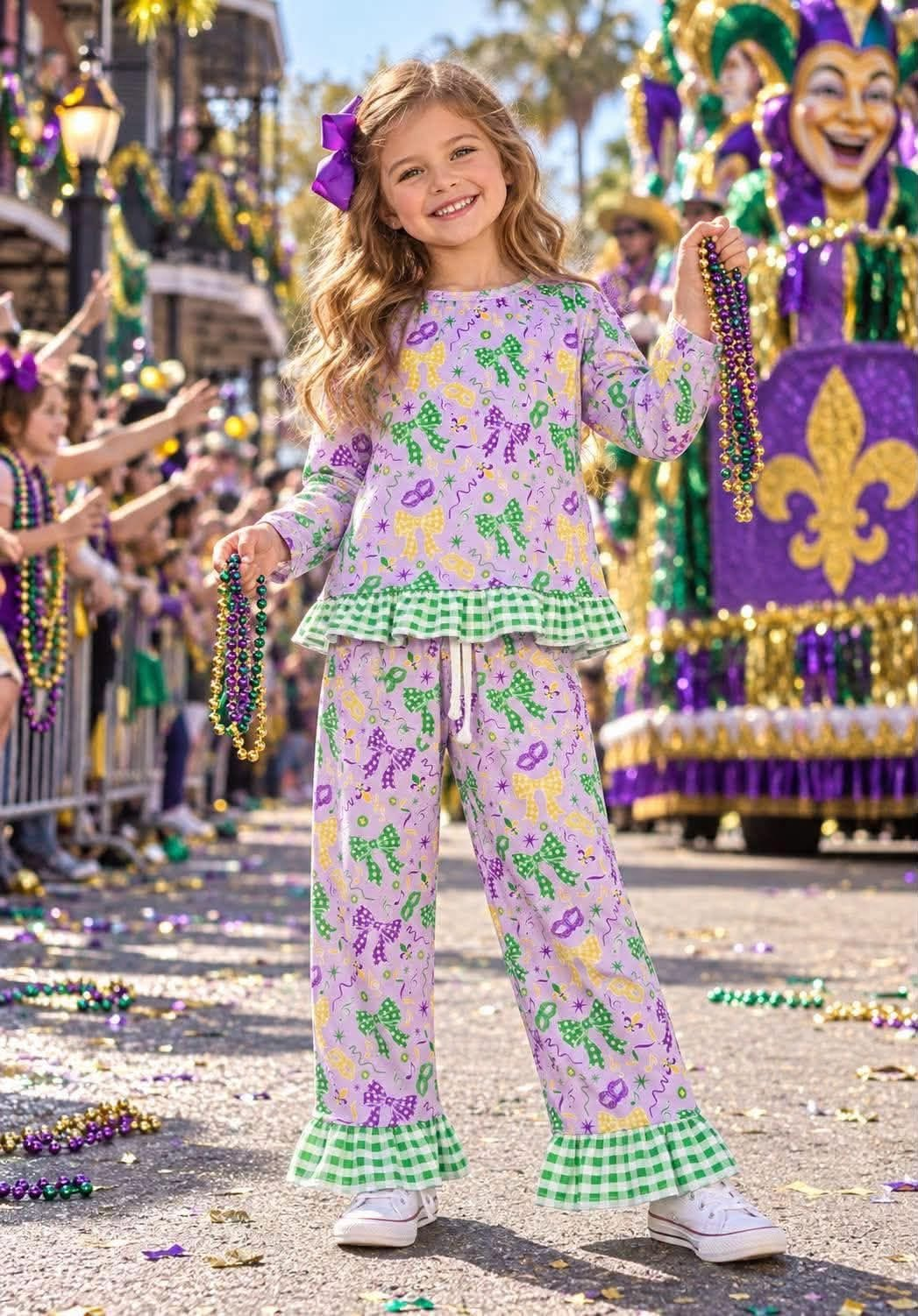 NEW RTS NO MOQ milk silk GLP3680 Baby Girls Bows Print Long Sleeve Top Side Pockets Ruffle Pant Clothes Set