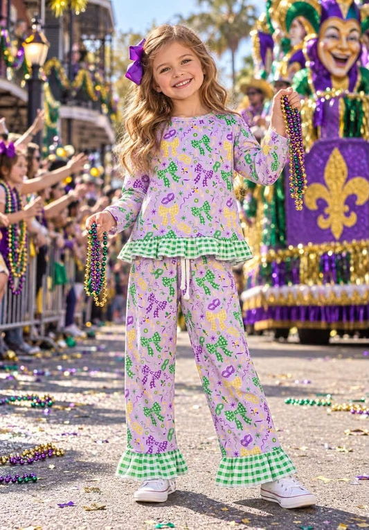 NEW RTS NO MOQ milk silk GLP3680 Baby Girls Bows Print Long Sleeve Top Side Pockets Ruffle Pant Clothes Set