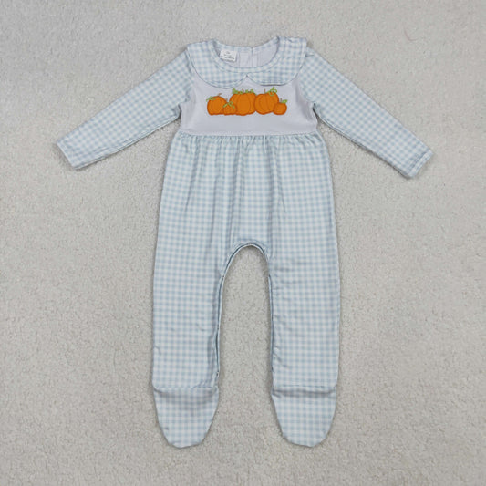 RTS NO MOQ（In Stock) LR2560 Embroidered pumpkin blue plaid doll collar long-sleeved bodysuit