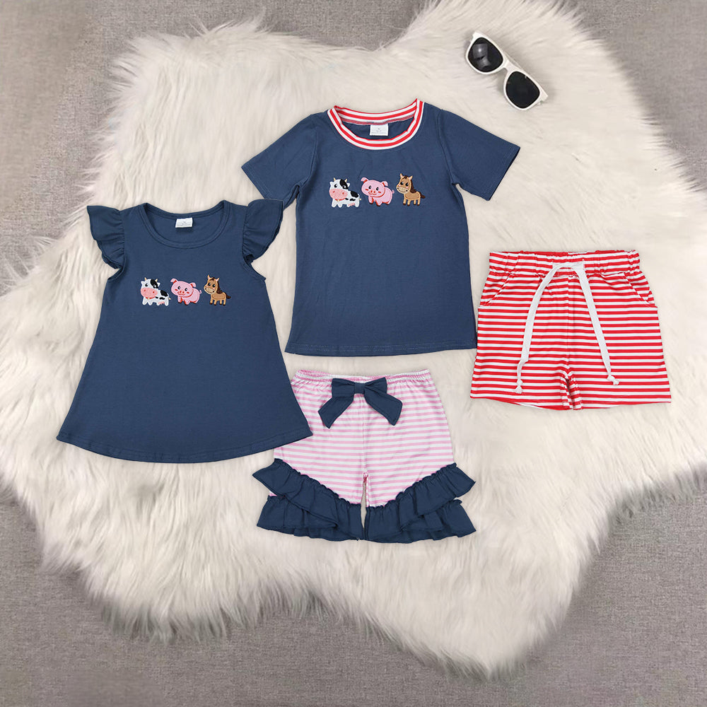 RTS NO MOQ baby Girls Clothes embroidery short sleeve shorts Sets