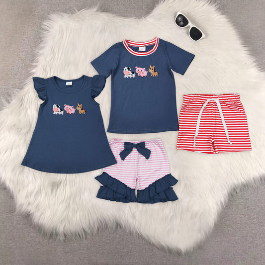 RTS NO MOQ baby Girls Clothes embroidery short sleeve shorts Sets
