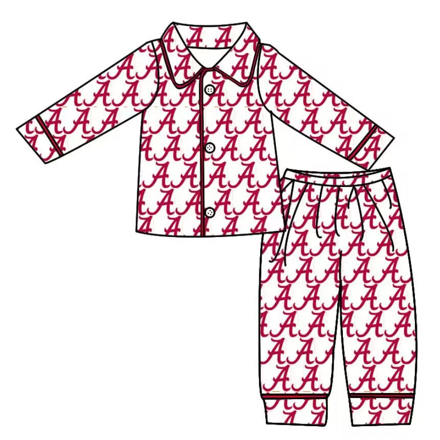 Custom moq 5 tat about 6-8 weeks team baby boys clothes red long sleeve pants pajamas sets