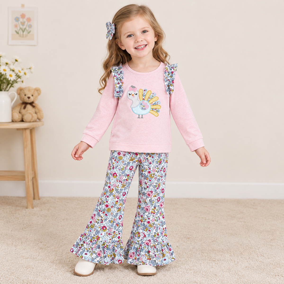 NEW RTS NO MOQ milk silk GLP3597 Embroidery Turkey Flowers Baby Girls Top Flare Pant Thanksgivings Fall Holiday Outfit