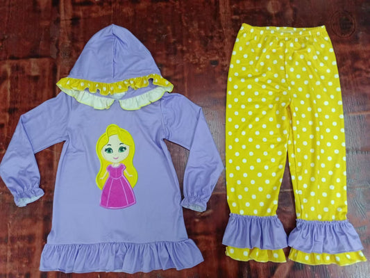 Custom moq 3 eta 6-7weeks Long-sleeved light purple hooded pullover - yellow polka dot trousers set