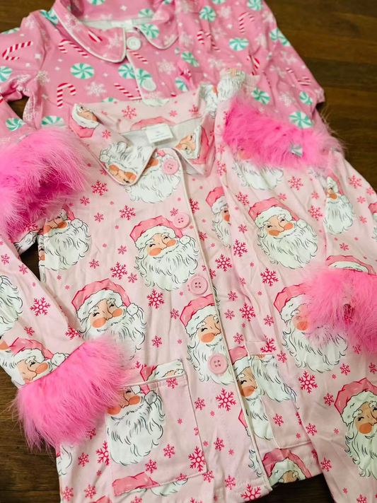 RTS NO MOQ Sibling Baby Girls Christmas Pink Plush Button Long Sleeve Long Pants Pajama Sets
