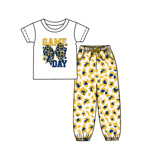 Custom summer teams baby boy clothes team GAME DAY bow yellow camouflage short sleeve pants sets-25.9.5