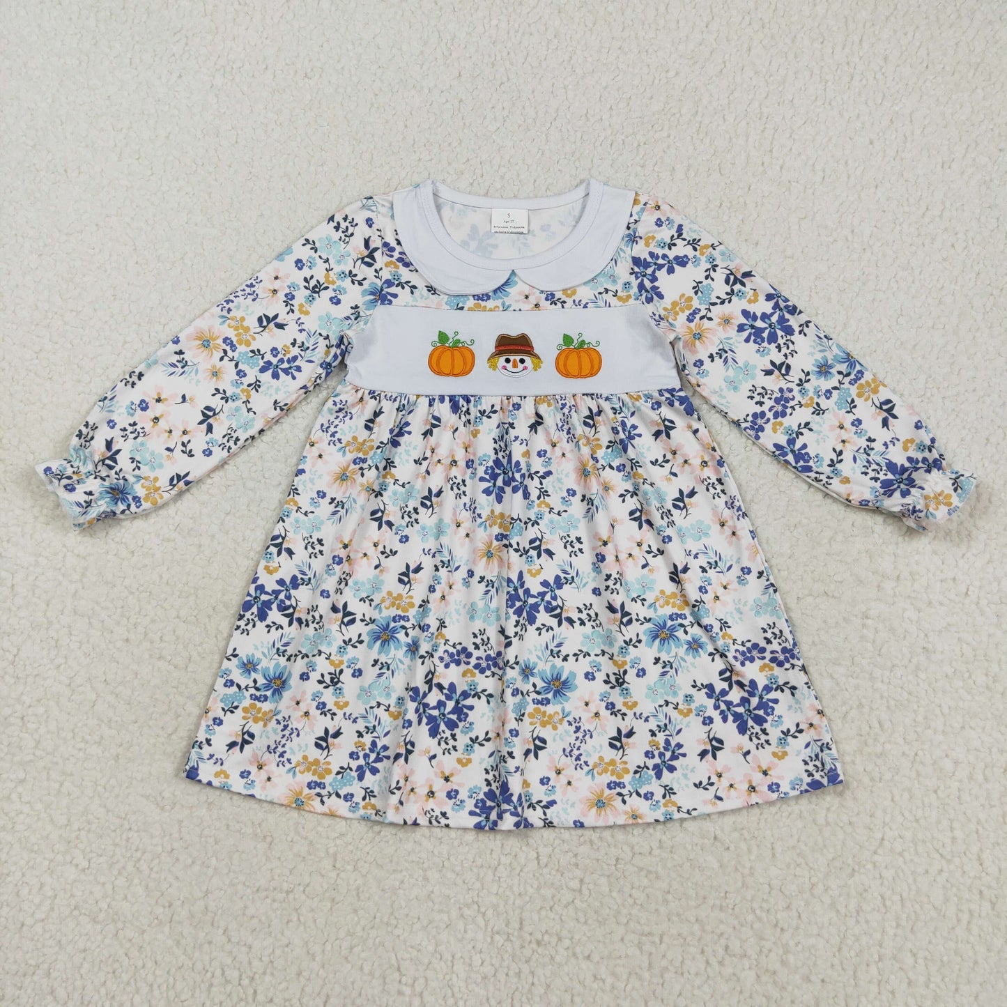 RTS NO MOQ（In Stock) GLD1071 Embroidered pumpkin scarecrow flower and leaf long-sleeved dress with doll collar