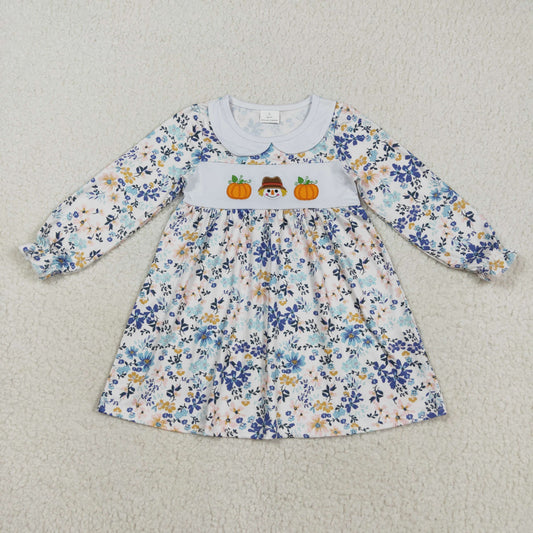 RTS NO MOQ（In Stock) GLD1071 Embroidered pumpkin scarecrow flower and leaf long-sleeved dress with doll collar