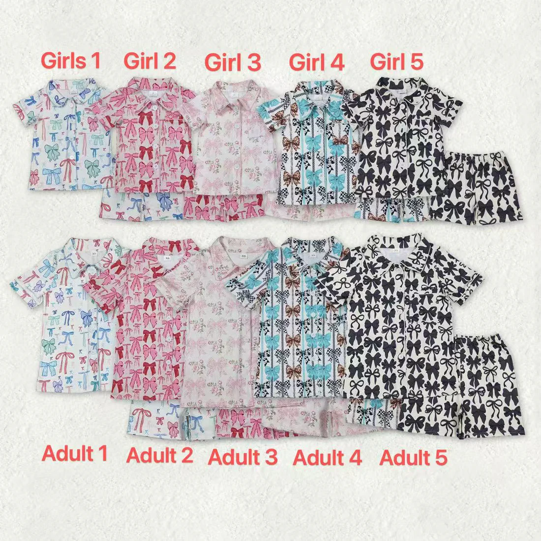 RTS NO MOQ Sibling baby girl clothes and Adult clothes bow kids short sleeve shorts set and adult sets