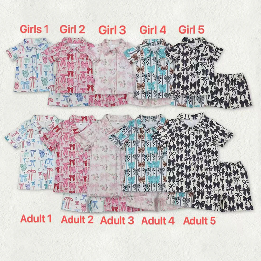 RTS NO MOQ Sibling baby girl clothes and Adult clothes bow kids short sleeve shorts set and adult sets