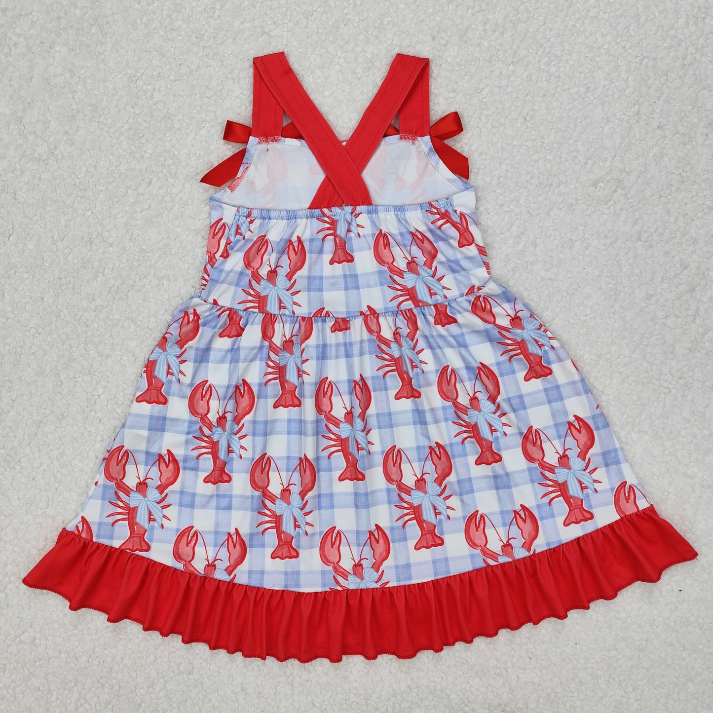 RTS NO MOQ ETA 5/7days Arrived GSD1968 Bow Pattern Crayfish Blue Plaid Red Lace Sleeveless Dress