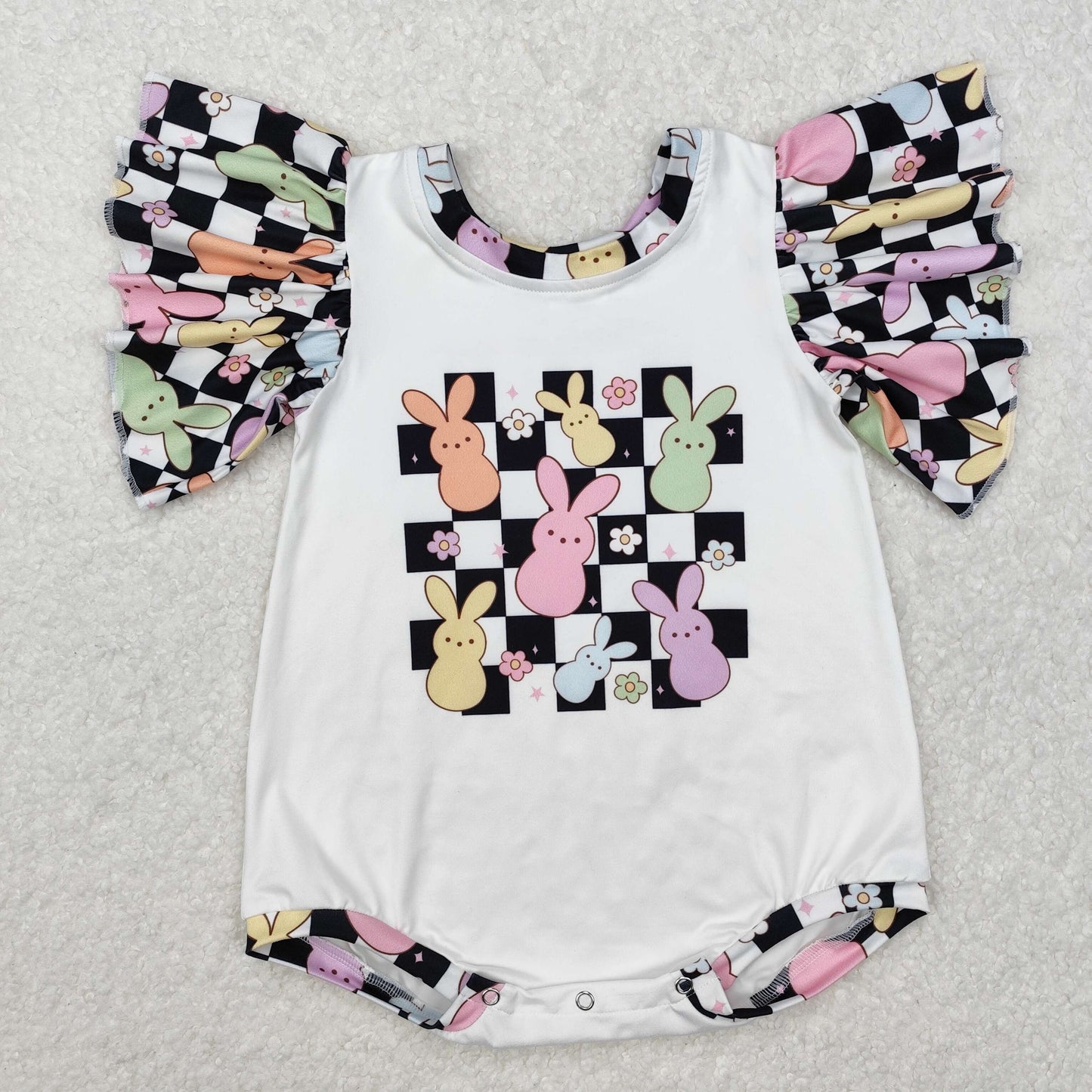 RTS NO MOQ ETA 5/7days arrived SR2227 Easter bunny flower black and white plaid lace sleeve jumpsuit