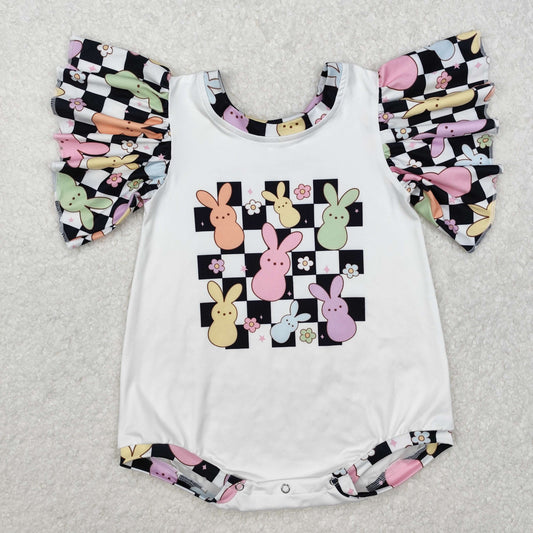 RTS NO MOQ ETA 5/7days arrived SR2227 Easter bunny flower black and white plaid lace sleeve jumpsuit
