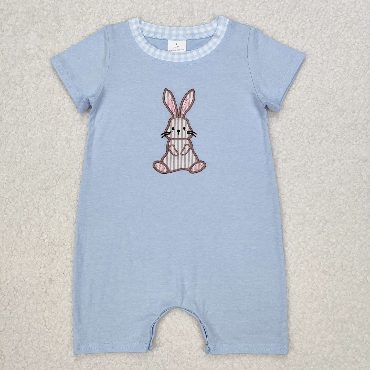 RTS NO MOQ ETA 5/7days arrived SR2404 Embroidered Easter Striped Bunny Blue Short Sleeves Bodysuit