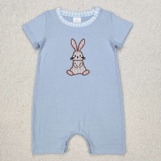 RTS NO MOQ ETA 5/7days arrived SR2404 Embroidered Easter Striped Bunny Blue Short Sleeves Bodysuit