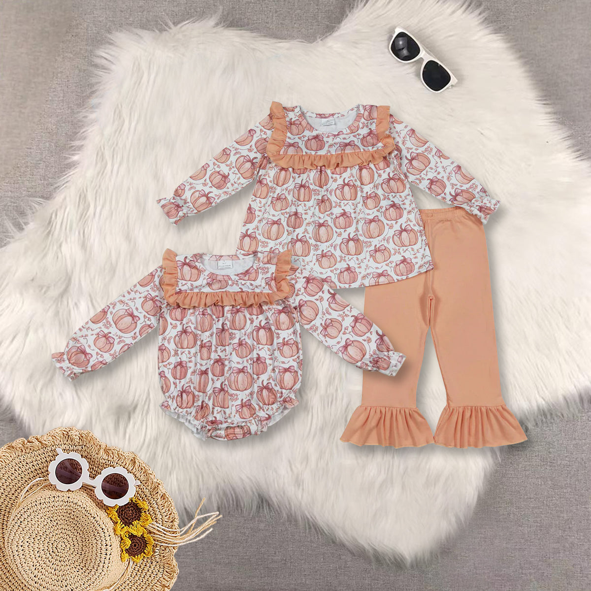 RTS NO MOQ Sibling Baby girl clothes hallowen pumpkin long-sleeved trousers suit & romper