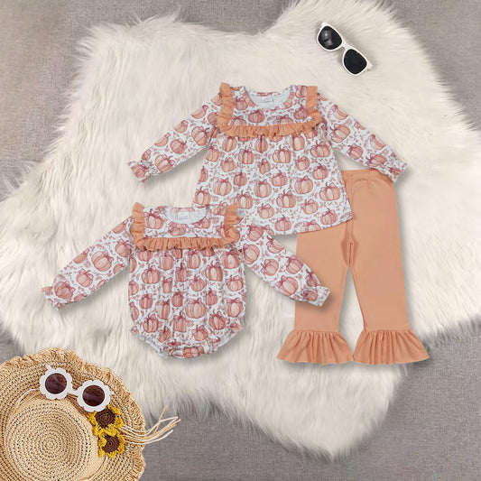 RTS NO MOQ Sibling Baby girl clothes hallowen pumpkin long-sleeved trousers suit & romper
