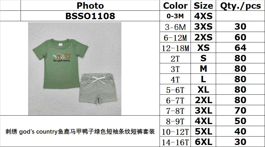 RTS NO MOQ ETA 5/7days Arrived BSSO1108 Embroidered god's country fish deer vest duck green short-sleeved striped shorts set