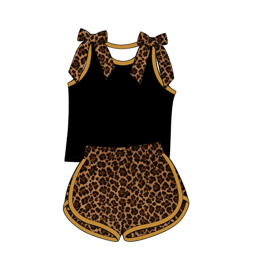 custom moq 5 mix size Baby Girls Leopard Bow Sleeveless Black Top Leopard Shorts Summer Set