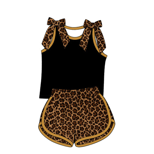 custom moq 5 mix size Baby Girls Leopard Bow Sleeveless Black Top Leopard Shorts Summer Set