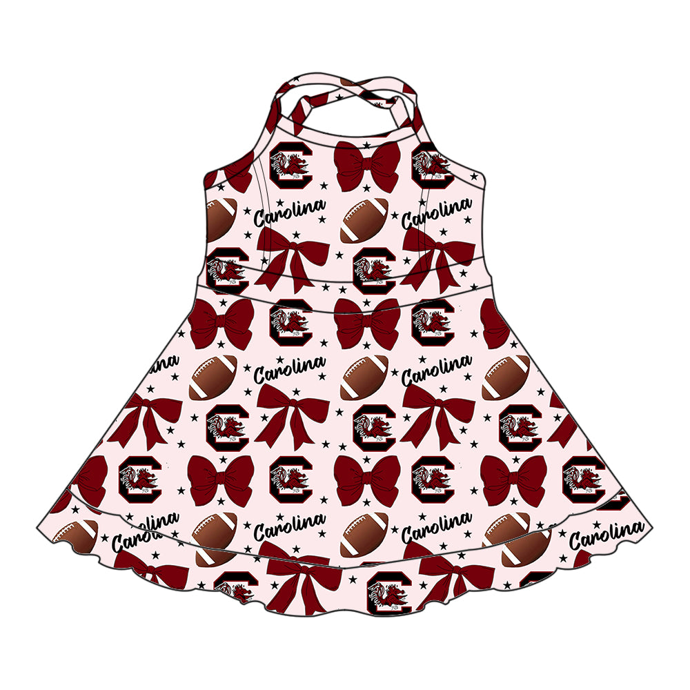Custom moq 5 mix sizes summer teams baby girls clothes team baseball bow brick red sleeveless dress-25.6.14