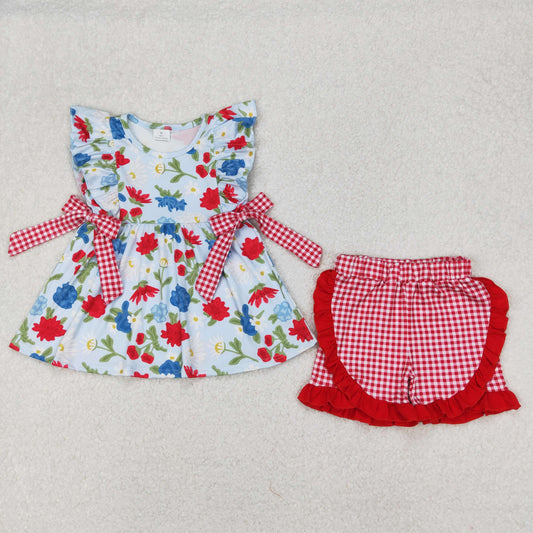 RTS NO MOQ ETA 5/7days Arrived GSSO1930 Flower leaf red plaid bow blue lace sleeve shorts suit