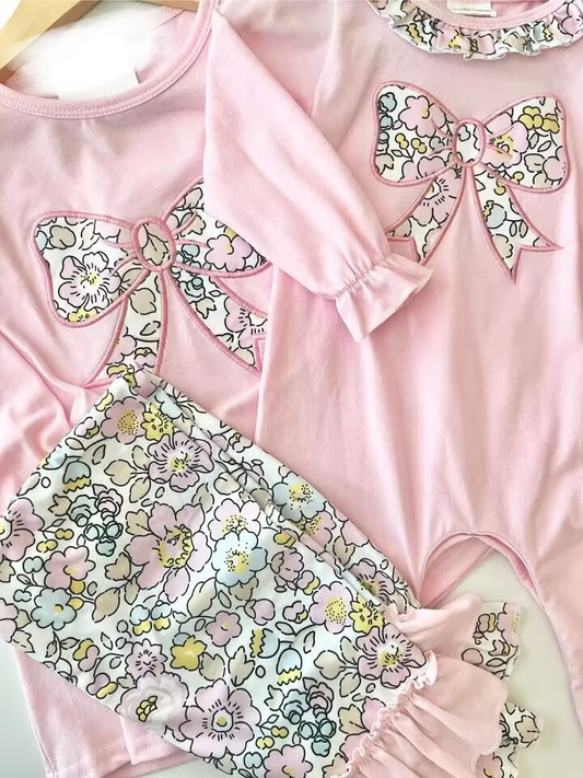 RTS NO MOQ Sibling baby girl clothes Embroidered flower bow pattern pink long-sleeved pant set and romper