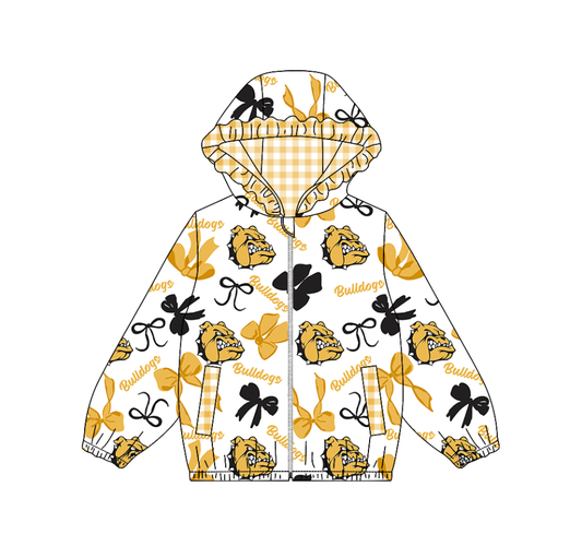 Custom moq 8 mix size milk silk summer team baby girls clothes bow yellow hooded long sleeve top-25.9.19
