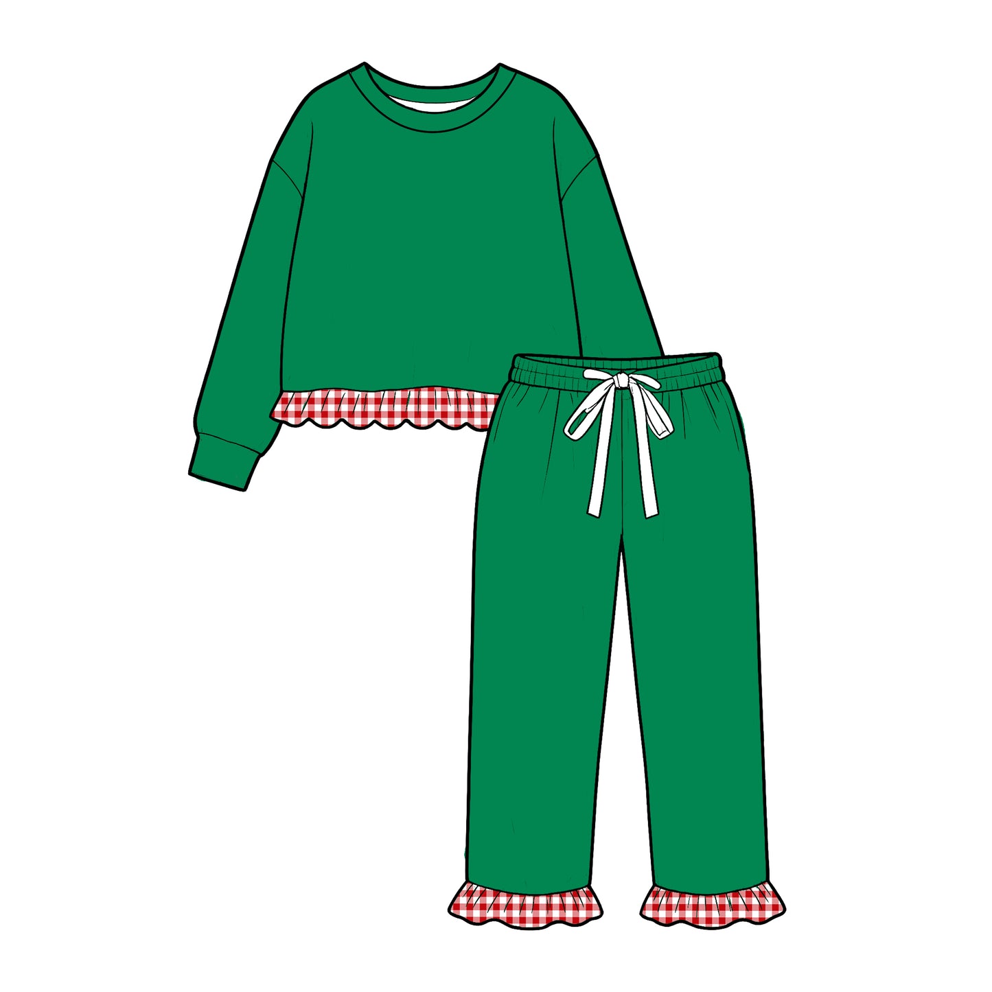 custom moq 5 mix size KYMN0102 Baby Girls Solid Color Long Sleeve Top Scallop Ruffle Hem Drawstring Pant Set