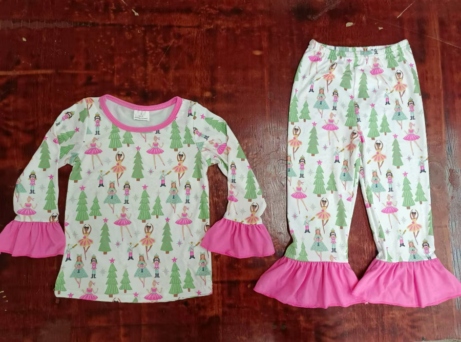 Custom moq 3 eta 6-7weeks Ballet Girl-Pine Tree Pattern Pink Trumpet Cuffs-White Trouser Hem Long Sleeve Suit