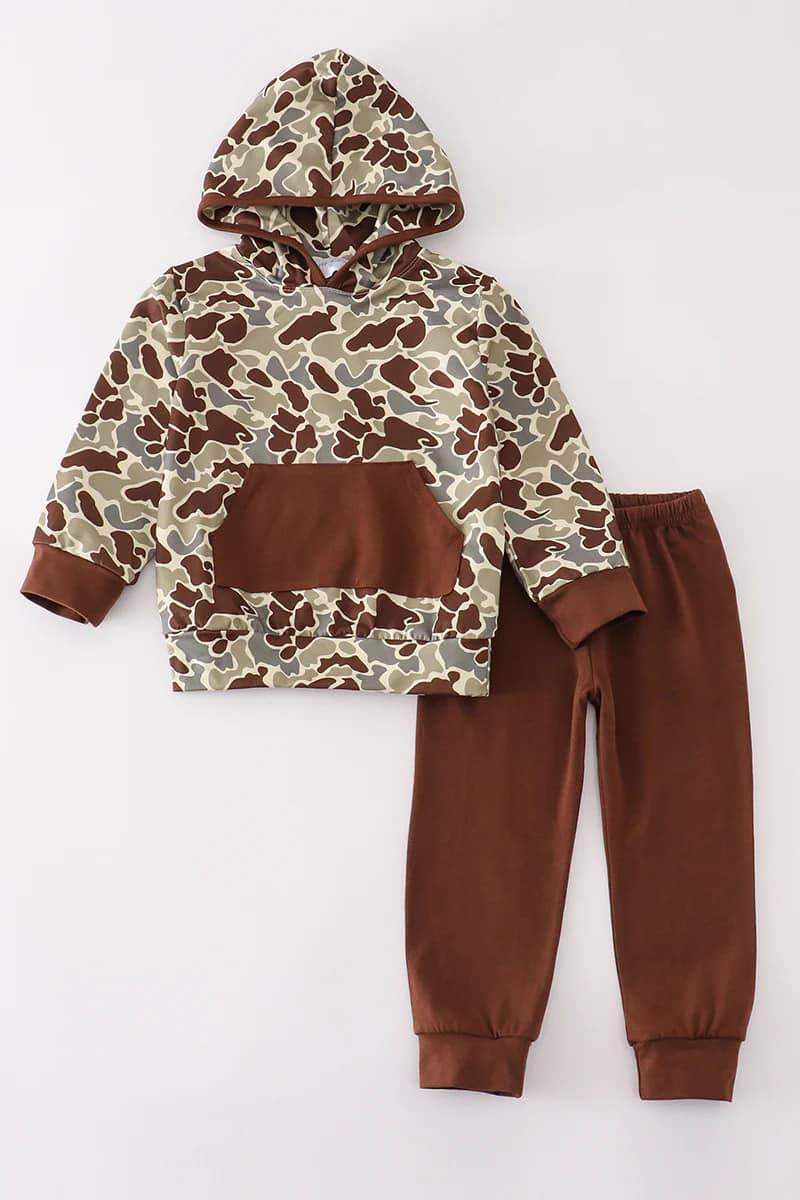 Deadline November 2 custom no moq eta 6-8weeks Dark Brown Camouflage Hooded Long Sleeve Suit