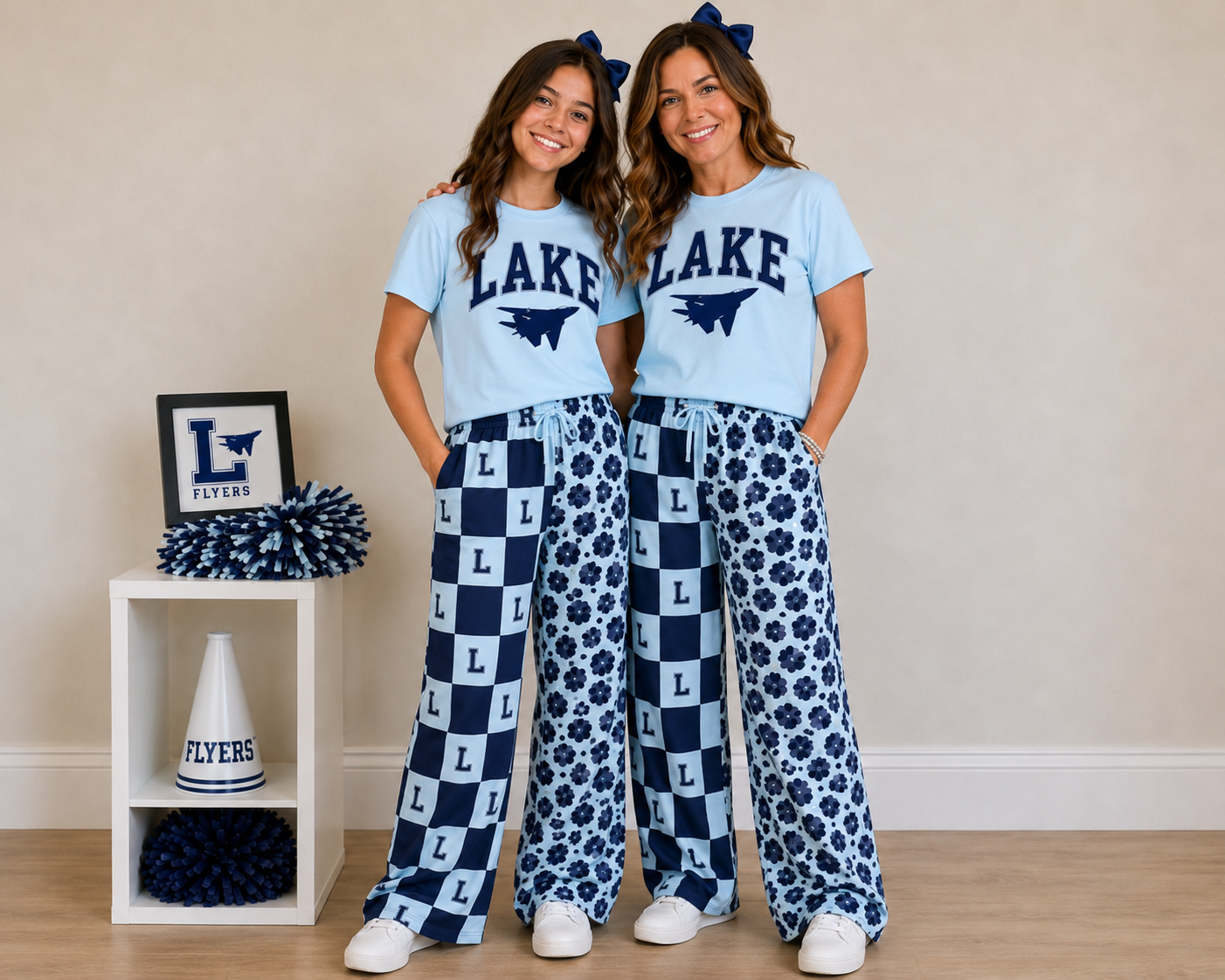custom moq 5 mix size RLES0106 Adult To Match Kids Blue Team Short Sleeve Tee And Checked Leopard Wide Leg Pants Set