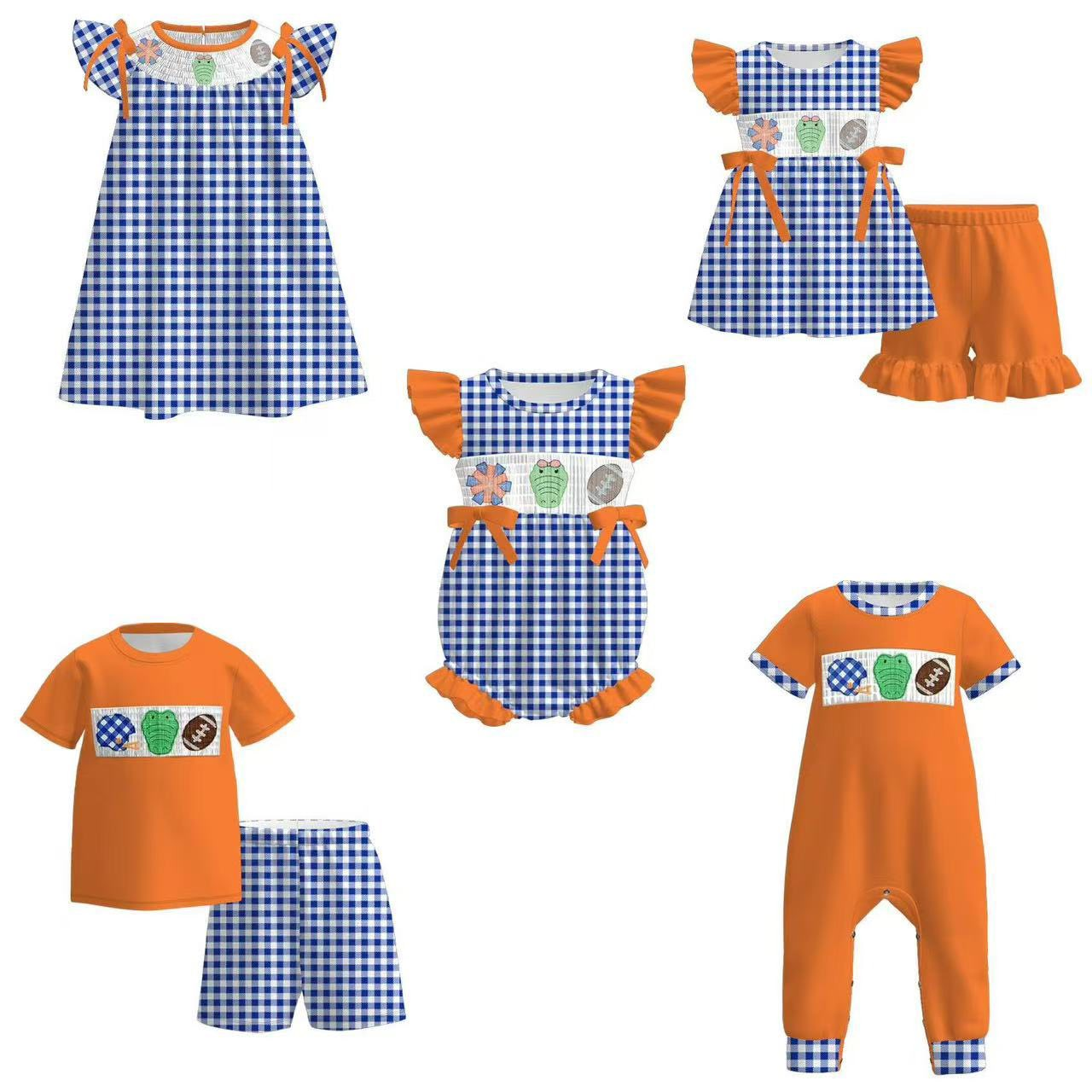 Custom summer teams baby girls clothes team orange short sleeve shorts sets dress romper-25.7.15