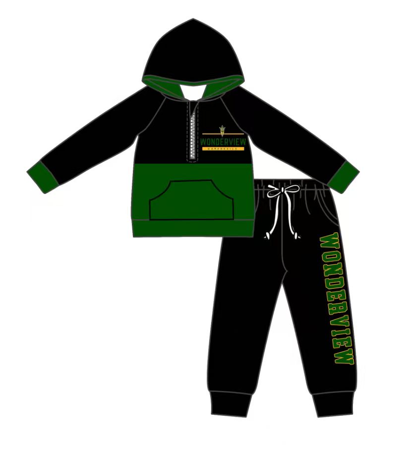 Custom moq 5 mix size milk silk summer teams baby boys clothes black and green hooded long ssleeve pants sets