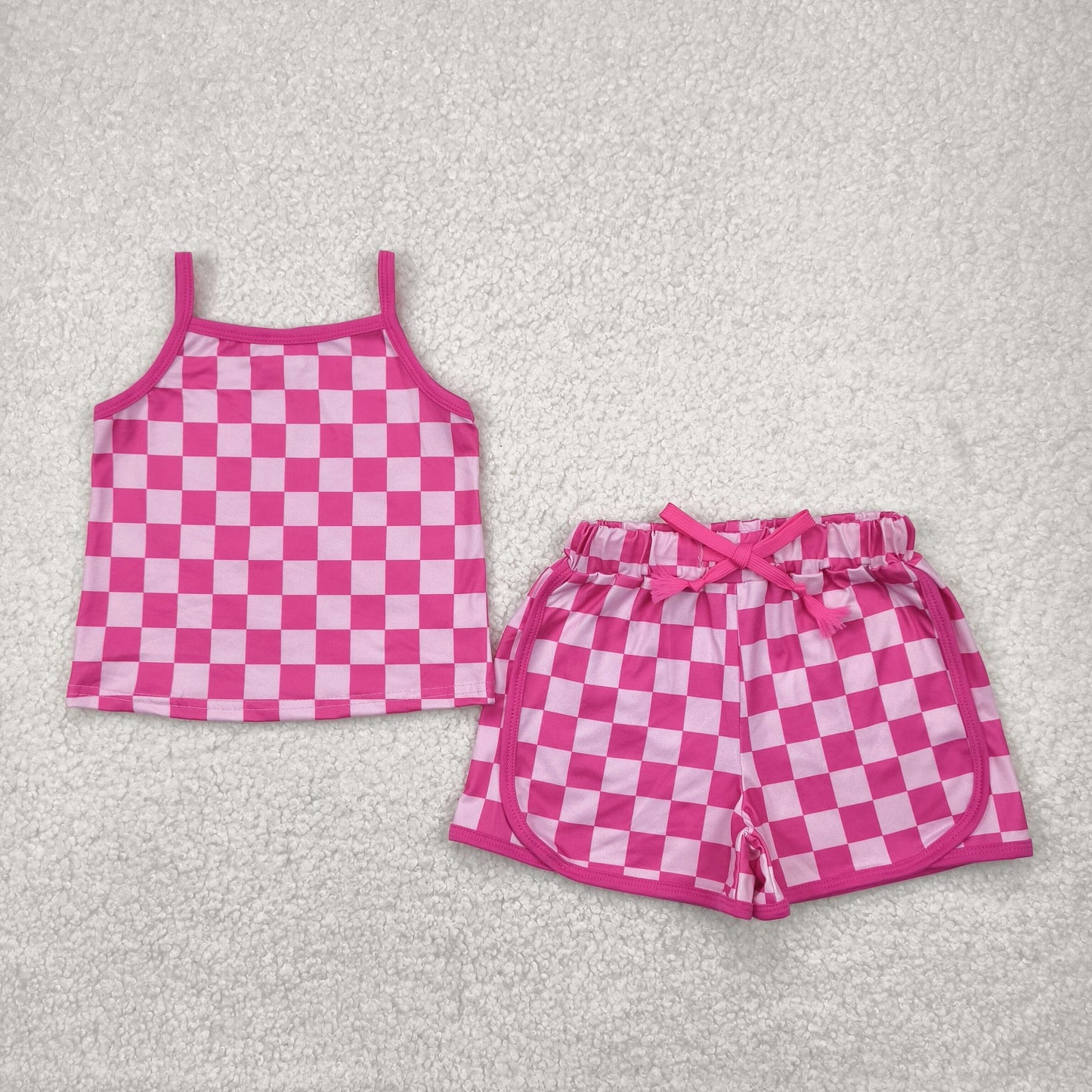 RTS NO MOQ GSSO2336 Rose red plaid suspender shorts set